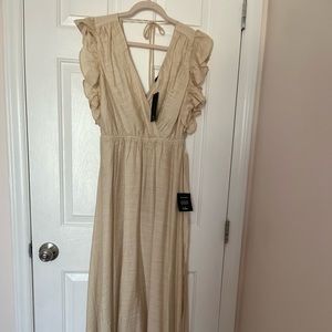 Lulu’s Size L Beige Ruffled Surplice Tie-Back Maxi Dress